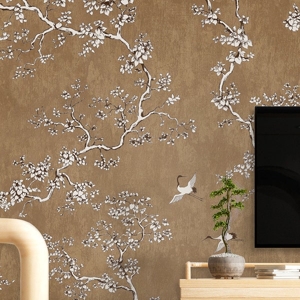 20.8x393.7 Inches Chinoiserie Wallpaper Oriental Trees Birds Wallpaper, White Flowers&Birds Coffee Beige Orange Grey Color Wall Murals Decal