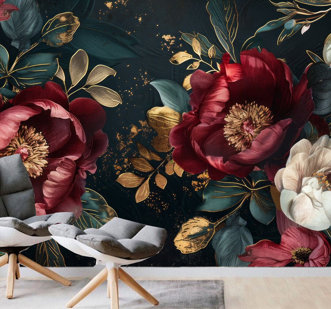 Vintage Peonies Floral Wallpaper Mural: Gold Magic Elements Wall Decor ...