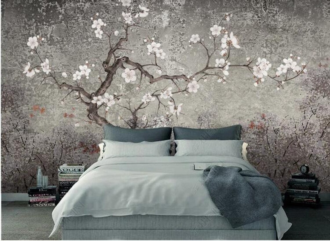 Vintage Chinoiserie Cherry Blossom Wallpaper Wall Mural Grey - Etsy