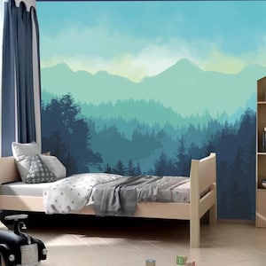 Watercolor  Abstract Mountain Forest Clouds Wallpaper, Ombre Green Mountains Forest Landscape Living Room Bedroom Children Room Wall Mural