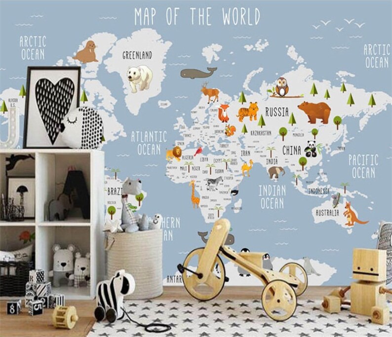 Kids World Map Wallpaper Wall Murals Animals Kids Children - Etsy
