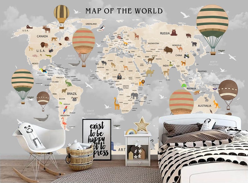 Hand Painted World Map Nursery Wallpaper Wall Mural World Map Etsy Canada