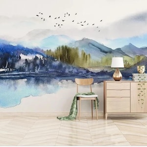 Watercolor Mountain Lake Wallpaper Mural: Abstract Forest Landscape