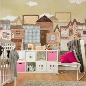 Cartoon Houses City Nursery Wallpaper Mural: Hand Painted Abstract Design