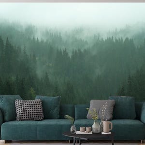 Neblige Landschaft mit Tannenwald im Vintage Retro Stil Tapete, Tannenwald Landschaft, Wandbild, Fototapete