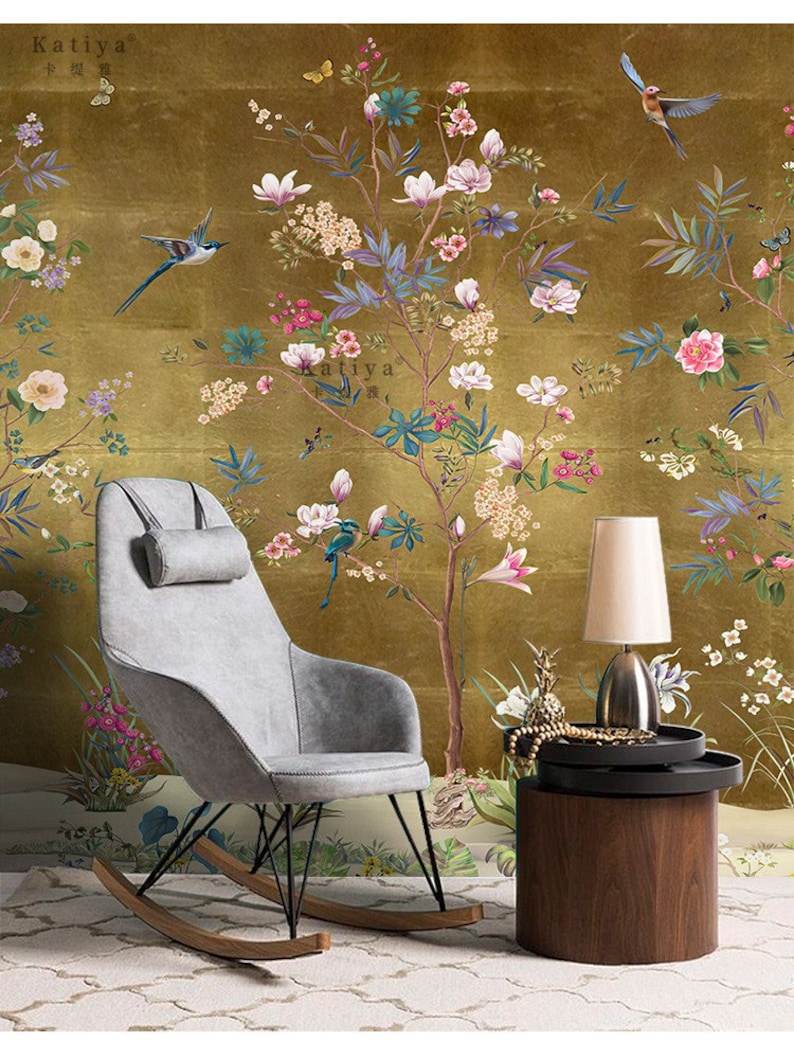 Chinoiserie Cherry Vine Wallpaper Wall Mural, Flowers and Birds Chinoiserie Wall Mural Wall Decor image 2