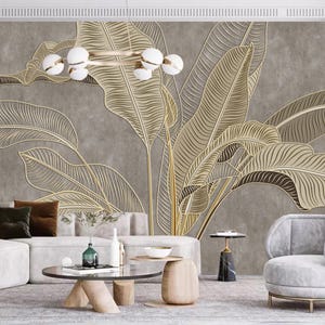 3D Blätter Tapete, Tropischer exotischer Luxus mit Grunge Texture Wandbild, Vintage Pflanzen Wandbild Wanddekor