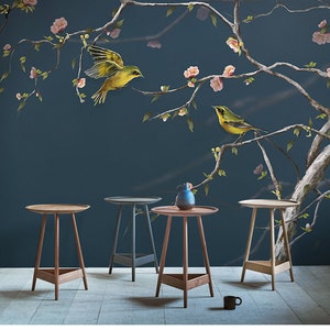 Chinoiserie Cherry Tree Wallpaper Mural: Birds & Blossoms Wall Decor
