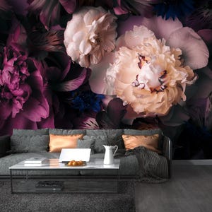 Vintage Peonies Photo Wallpaper, Dark Background Flowers Floral Wall Mural, Bedroom Living Room Dining Room Flowers Wall Decor
