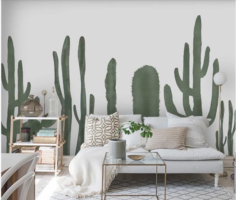 Modern Watercolor Hand Painted Cactus Wallpaper Wall Mural, Fresh Green Cactus Wall Mural Bedroom Living Room Nursery Room Wall Mural image 1