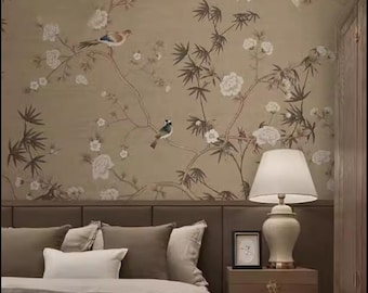 Chinoiserie Retro Vintage Flowers Vines Wallpaper, Cherry Blossom Vines Wall Mural for Bedroom Living Room Home Decor