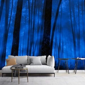 Papier peint pinède bleu brumeux, décoration murale arbres de la forêt sombres