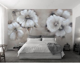 Oil Painting Flowers Floral Wallpaper Wall Mural, Two Big Flowers Wall Mural Wall Decor