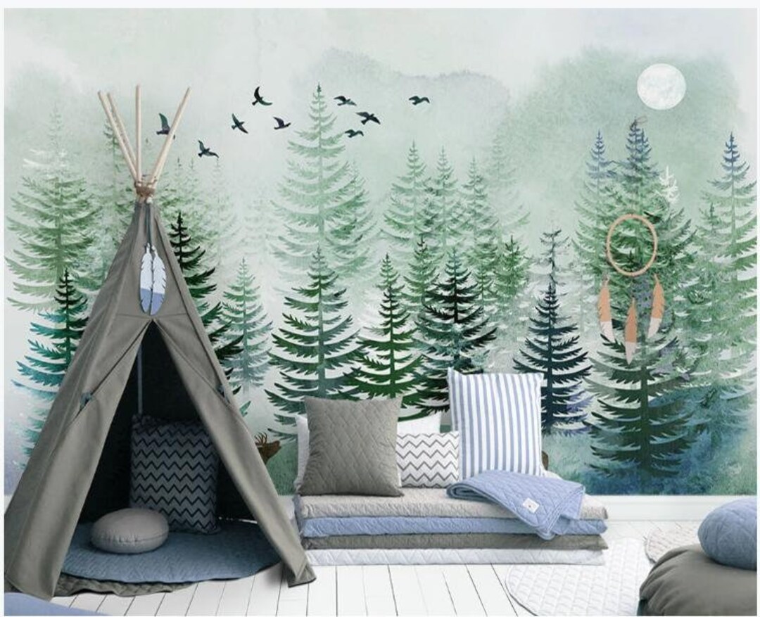 Pine Trees Wallpaper Mural: Abstract Green Forest, Nursery Wall Decor ...