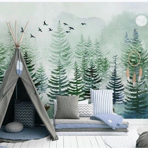 Pine Trees Wallpaper Mural: Abstract Green Forest, Nursery Wall Decor