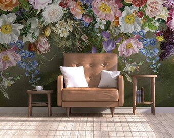 Europäische Retro Vintage Wallpaper Wandaufkleber, handgezeichnete Rose Blume Blüte Wandtattoo, Wand-Wandbilder für Wohnzimmer Schlafzimmer