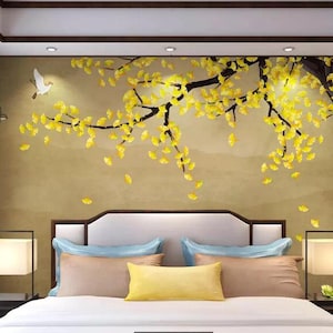Handgemaltes Ginkgo Baum Wandbild: Herbst Blätter & Vögel