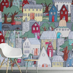 Original Cartoon Creative Colorful City Nursery Kids Room Wallpaper Wall Mural Wall Decor