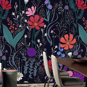 Papier peint aquarelle fleurs sauvages et herbes, décoration murale vintage colorée florale et feuilles pour chambre, salon, chambre de fille