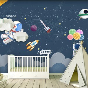 Original Cartoon Astronaut Stars Space Children's Room Fondo de pantalla Mural de pared
