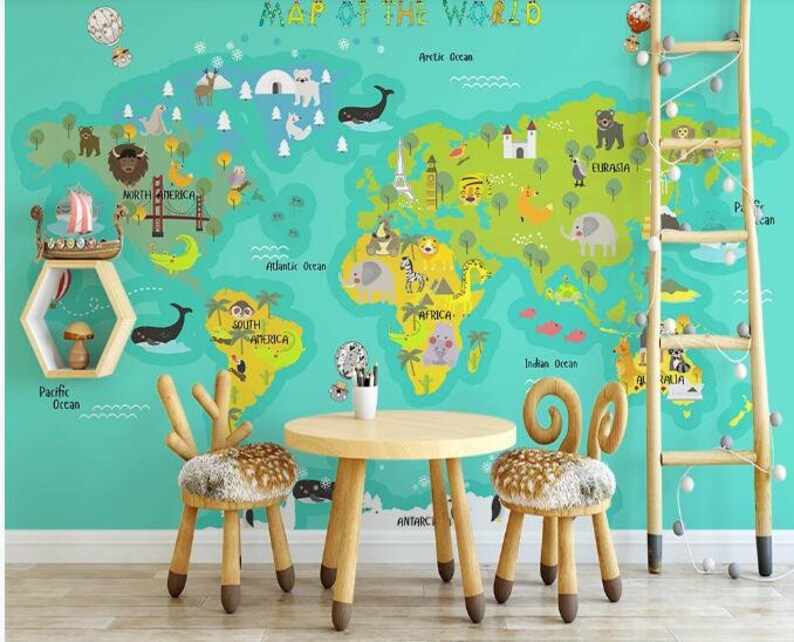 Blue/green Backgroud World Map Nursery Wallpaper Wall Mural Etsy