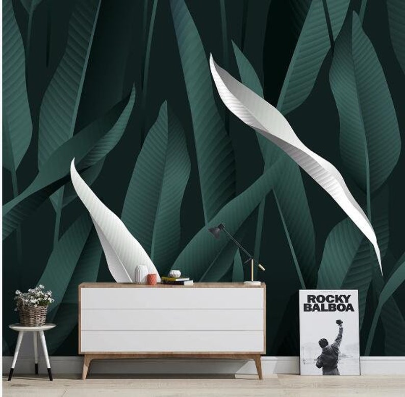 Creative Tropical Plants Leaves Leaf Wall Mural Home Decor Oil Painting Dark Green Tropical Plants with Leaves Wallpaper Wall Mural