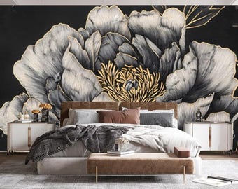 Peony Flower Line Drawing Wallpaper, Gray Flower Floral Wall Mural