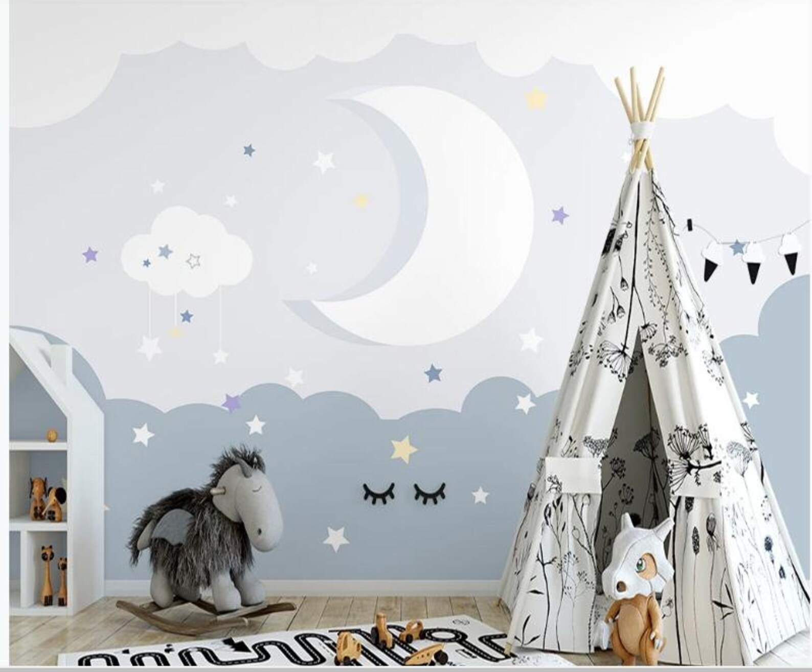 Nursery Cartoon Clouds Stars Moon Kids Wallpaper Wall Mural - Etsy