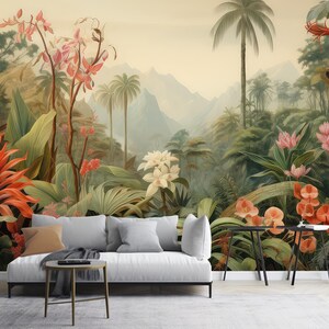 Aquarell Tapete, Dschungel Landschaft im Retro Tapeten Stil, Tropischer Regenwald Wandbild Wanddeko