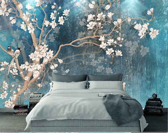 Bleu Couleur Magnolia Fleurs Papier Peint Peintures Murales