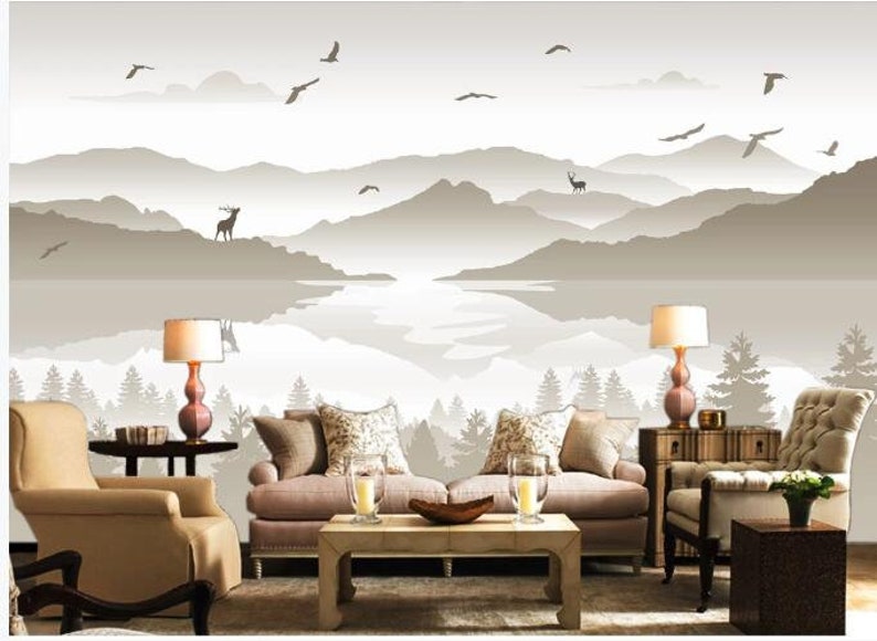 Abstract Mountains Lake Wallpaper Wall MuralNature Mountain | Etsy