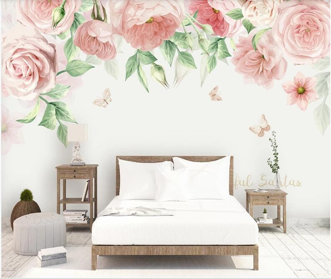 Watercolor Pink Flowers Floral Kids Nursery Wallpaper Wall - Etsy
