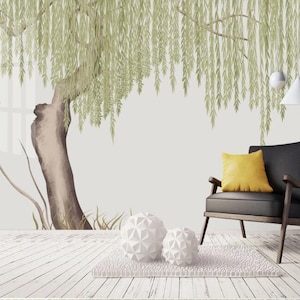 One Large Weeping Willow Tree Wallpaper Wall Mural, Green Willow Tree Wall Mural, Green Willow Tree Wall Nursery Mural Wall Decor