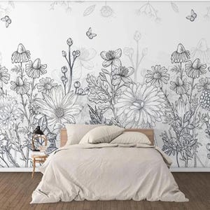 Sketch Simple Garden with Butterflies Wall Mural, Vintage Sketch Black and White Flowers and Birds Wall Mural Wall Decor