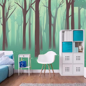 Magical Forest Cartoon Background Wallpaper, Kids Story Forest Trees Nursery Wall Mural, Cartoon Kids' Room Trees Wall Decor