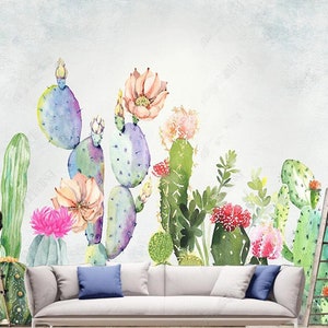 Carta da parati murale con cactus acquerello con fiori e piante per soggiorno, camera da letto, cameretta dei bambini