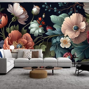 Oil Painting Dark Floral Wallpaper, Poppies Botanical Wall Mural Wall Decor
