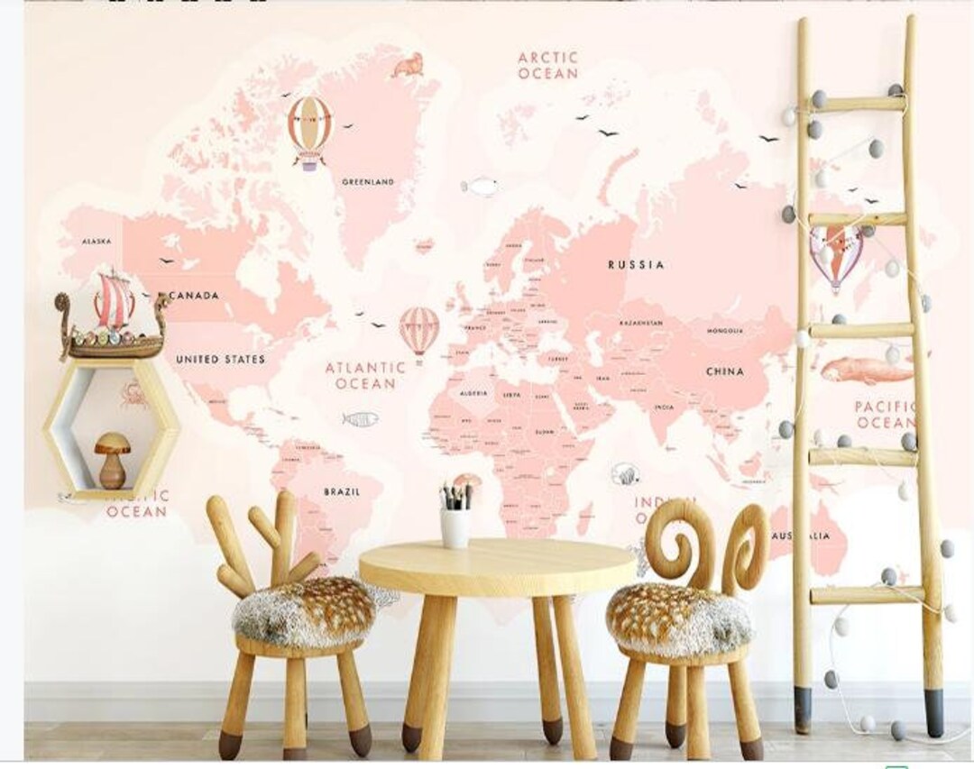 Pink Backgroud World Map Nursery Wallpaper Wall Mural, Lovely Cartoon