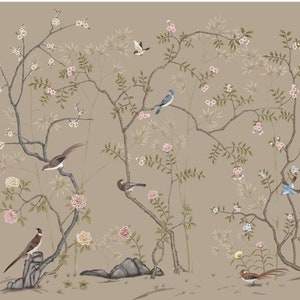 Delicate Birds&Flowers Wallpaper Wall Mural, Light Grey Tanned Brown Ice Blue Color Wallpaper, Flowers Trees Branch Wall Decor