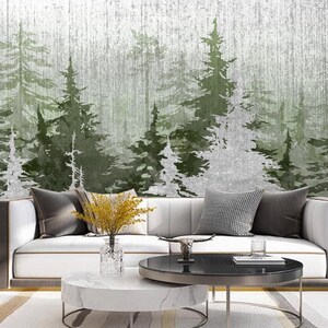Papier peint avec vue panoramique sur la forêt, décoration murale paysage de pins. Papier peint silhouette en épicéa pour chambre à coucher et salon pour chambre d'enfants