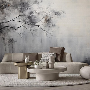 Minimalist Tree Branch Wallpaper Wall Mural, Grey Background Branches Wall Mural Wall Decor