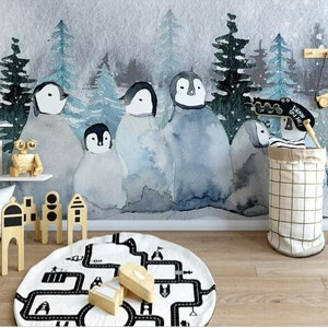 Hand Painted Cartoon Penguins Nursery Wallpaper Wall Mural, Lovely Penguins Snow Forests Kids Children&#39;s Room Wall Mural Wall Decor
