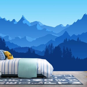 Cartoon Mountains Forest Blue Silhouette Mountains Landscape Nursery Wallpaper Kids' Children's Room Wall Mural