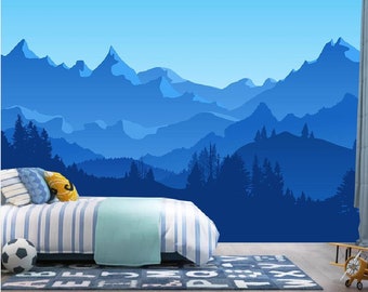 Cartoon Mountains Forest Blue Silhouette Mountains Landscape Nursery Wallpaper Kids&#39; Children&#39;s Room Wall Mural