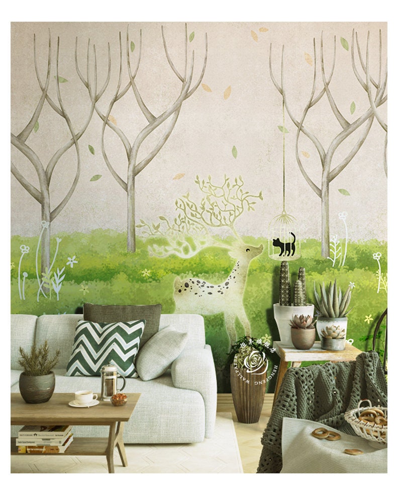 Hand Painted Forest Nursery Wallpaper Wall MuralGreen Forest Etsy