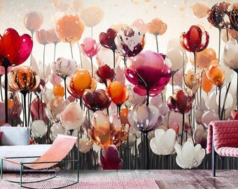 Watercolor Tulip Flowers Wall Mural: Abstract Floral Nursery Decor