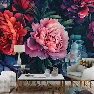 Baroque-Style Flowers with Rich Deep Colors and Peonies on Dark Background Wallpaper Wall Mural