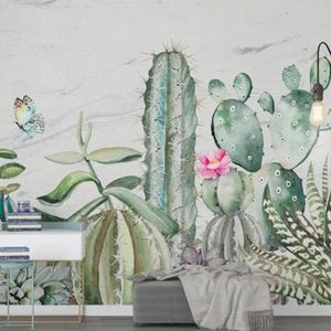 Mural de papel pintado con acuarela de cactus nórdicos: decoración de pared verde para habitación infantil