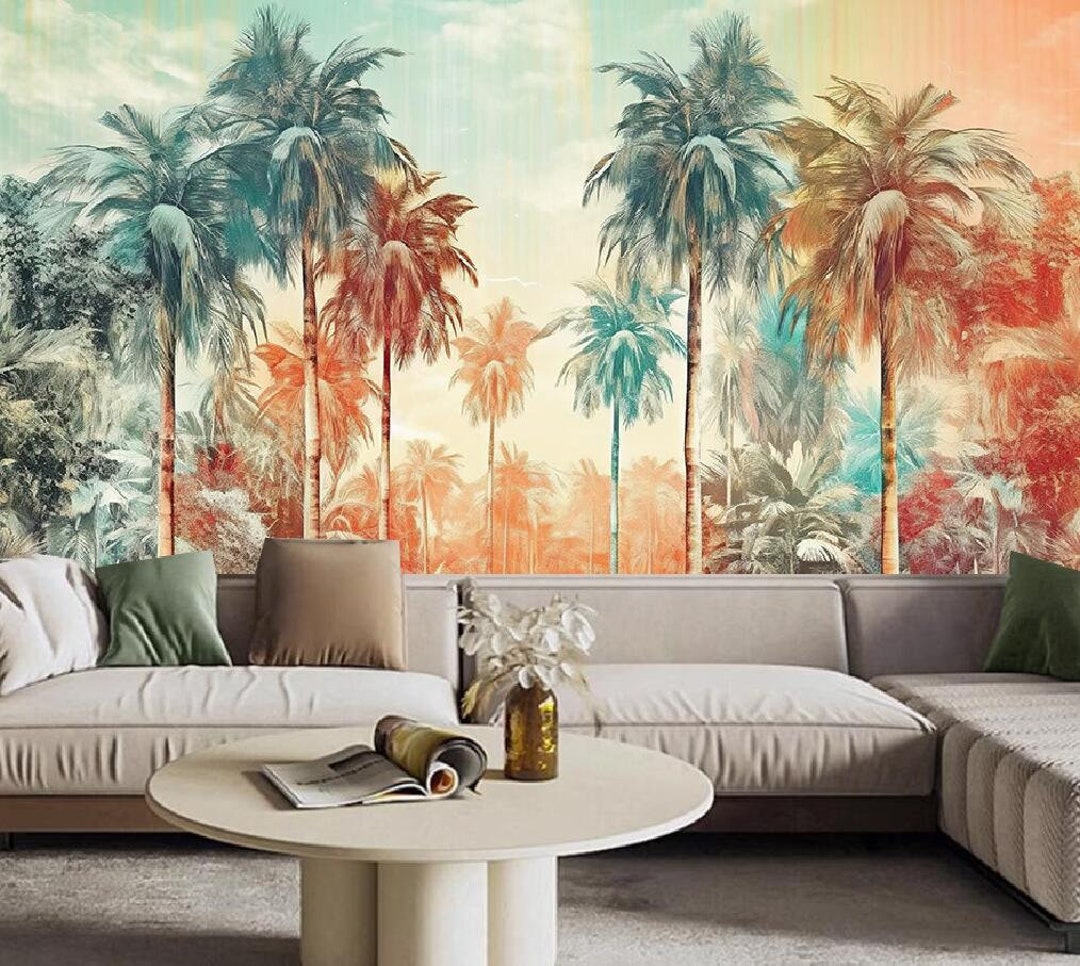 Tropical Palm Tree Wallpaper Mural: Rainforest Oil Painting Wall Decor