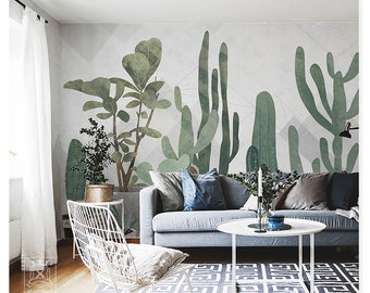 Watercolor Hand Painted Cactus Tropical Plants Wallpaper Wall Mural, Watercolor Cactus Wall Mural, High Quality Tropical Cactus Mural